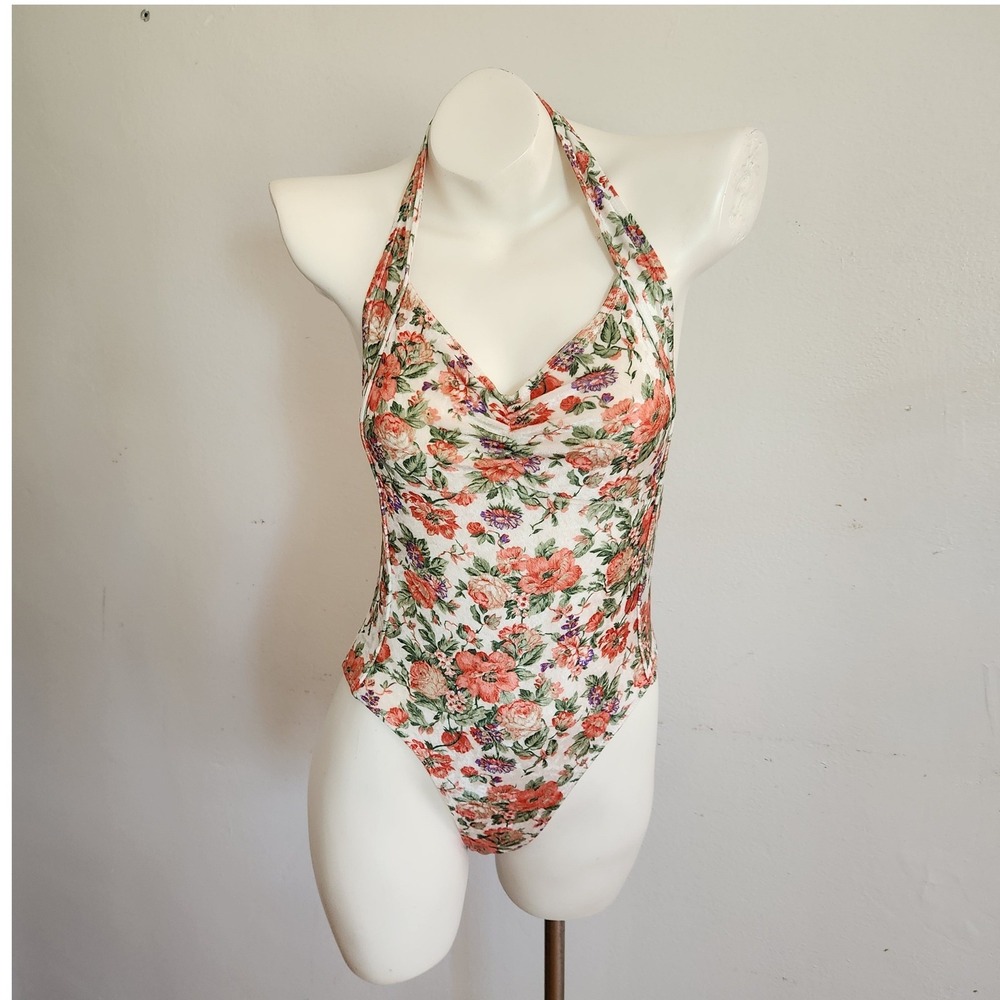 Vintage Krystal K International Joy II Floral Velour One Piece Halter Swimsuit
